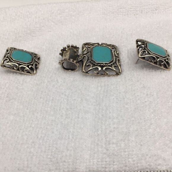 Sterling Silver 925 Mexico Chunky Faux Turquoise Dyed Howlite Pendant & Earrings - Picture 8 of 16